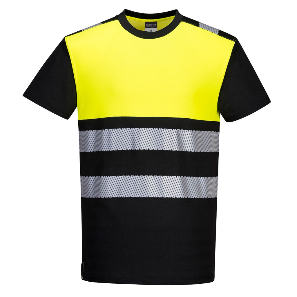 A high-visibility yellow work shirt featuring retroreflective tape panels, suitable for a wide range of outdoor and site work applications.