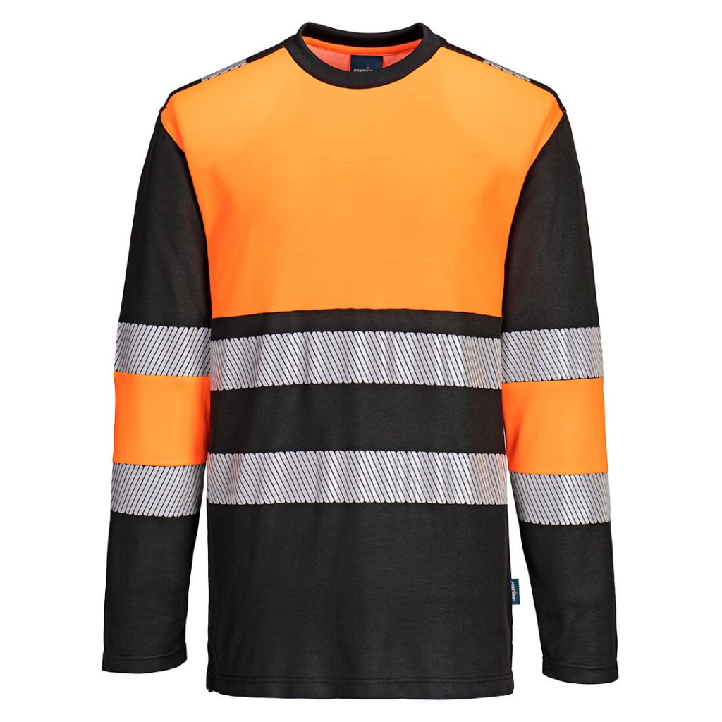 A high-visibility orange work shirt featuring retroreflective tape panels, suitable for a wide range of outdoor and site work applications.