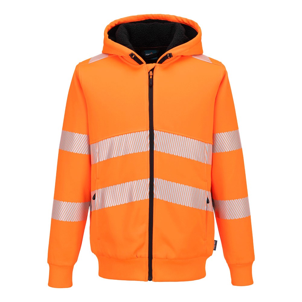 A high-visibility orange sweatshirt featuring retroreflective tape panels, a full-length zip front, suitable for a wide range of outdoor and site work applications.
