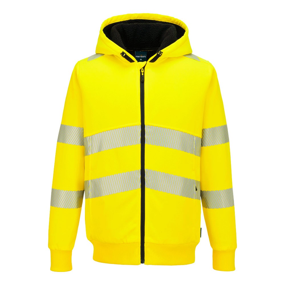 A high-visibility yellow sweatshirt featuring retroreflective tape panels, a full-length zip front, suitable for a wide range of outdoor and site work applications.