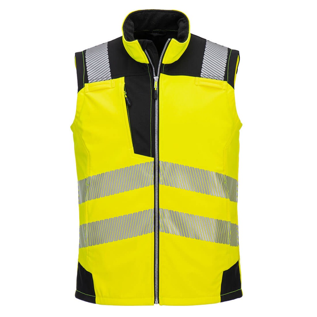 A high-visibility yellow vest featuring retroreflective tape panels, suitable for a wide range of outdoor and site work applications.