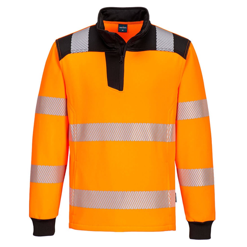 A high-visibility orange work shirt featuring retroreflective tape panels, a full-length zip front, suitable for a wide range of outdoor and site work applications.