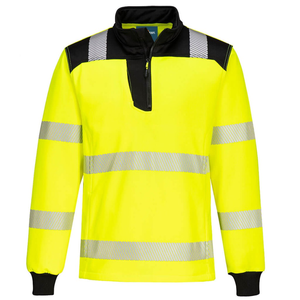 A high-visibility yellow work shirt featuring retroreflective tape panels, a full-length zip front, suitable for a wide range of outdoor and site work applications.