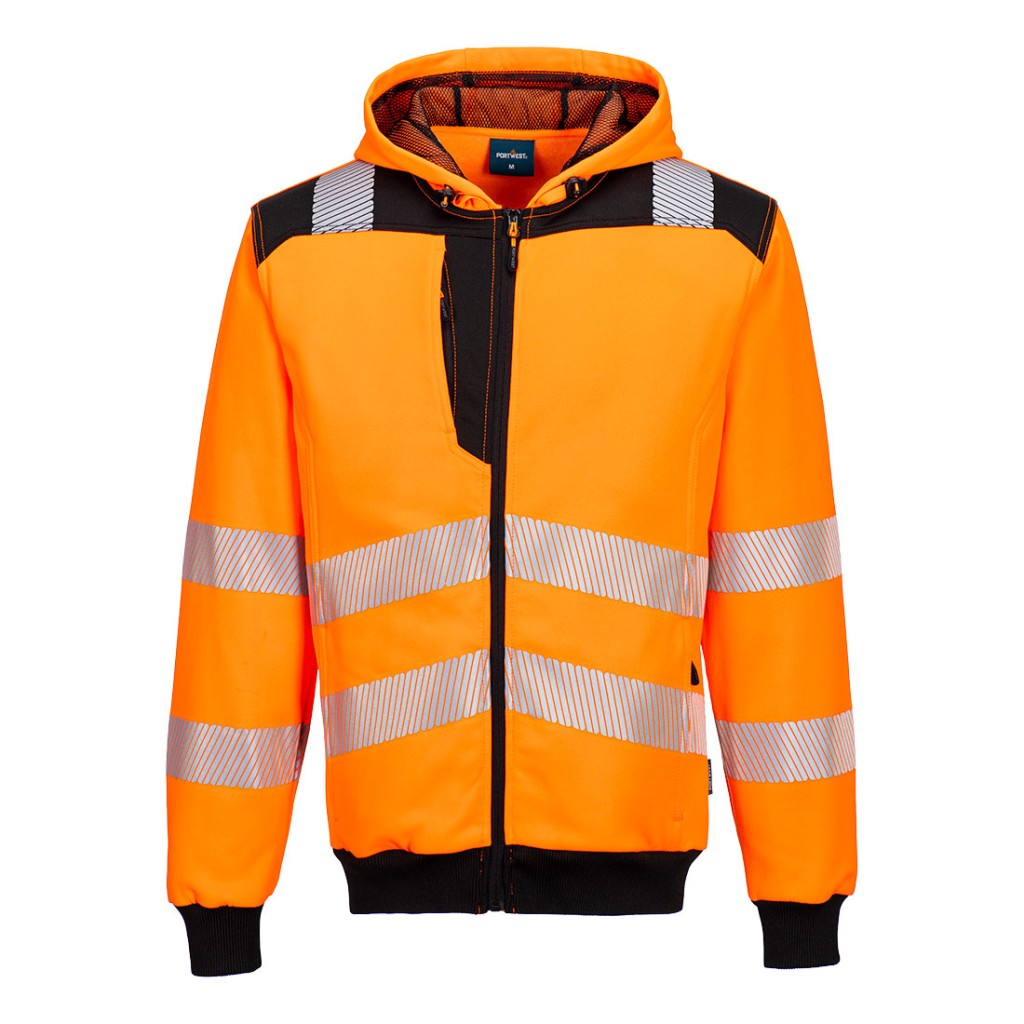 A high-visibility orange sweatshirt featuring retroreflective tape panels, a full-length zip front, suitable for a wide range of outdoor and site work applications.