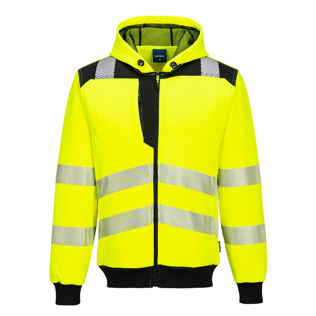 A high-visibility yellow sweatshirt featuring retroreflective tape panels, a full-length zip front, suitable for a wide range of outdoor and site work applications.