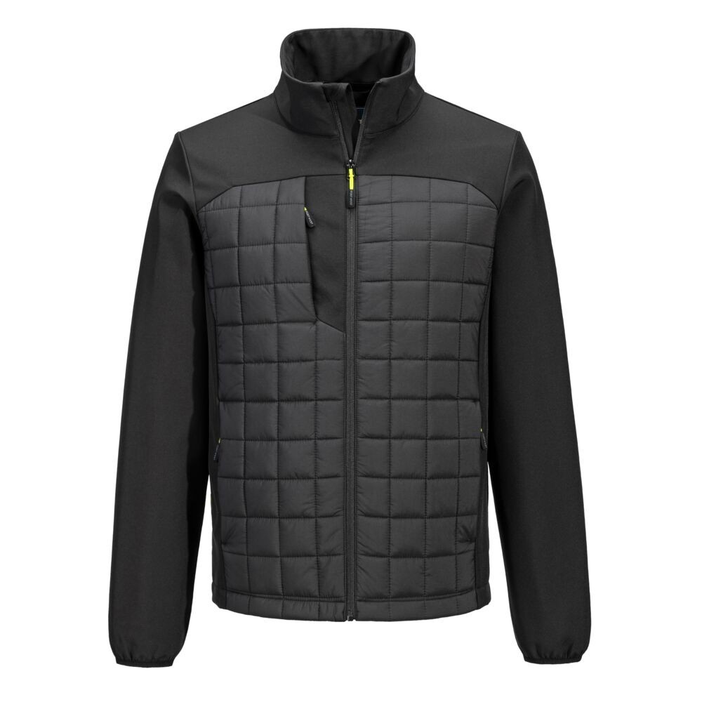 A black jacket designed for use on construction sites and in industrial work environments.,