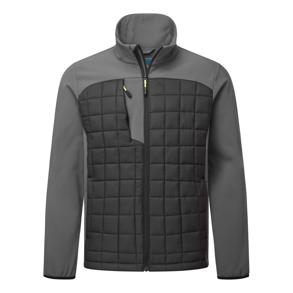 A grey jacket designed for use on construction sites and in industrial work environments.,