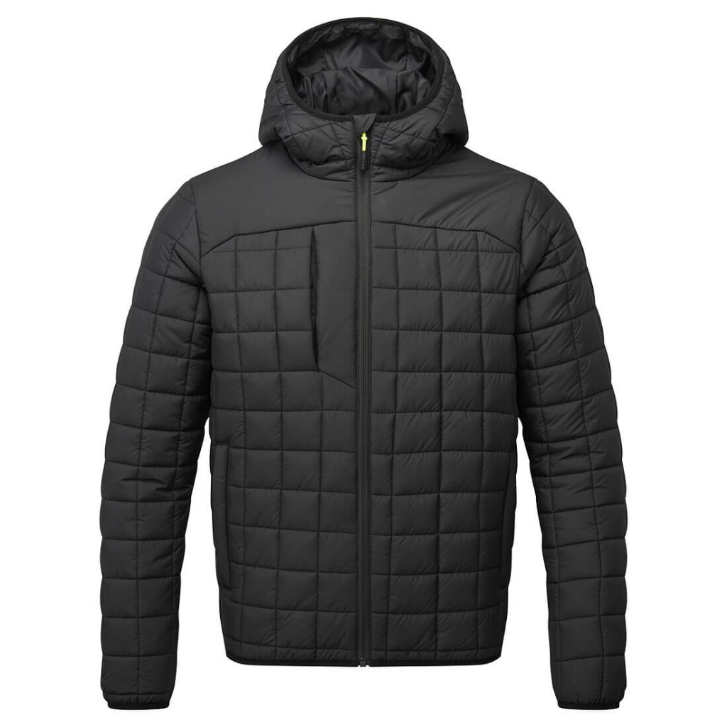A black jacket designed for use on construction sites and in industrial work environments.,