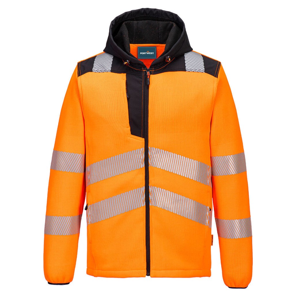 A high-visibility orange workwear garment featuring retroreflective tape panels, suitable for a wide range of outdoor and site work applications.