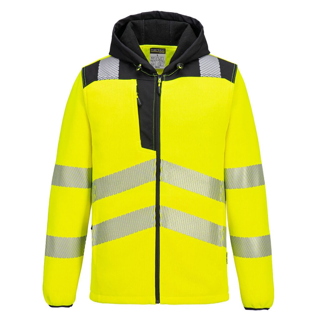 A high-visibility yellow workwear garment featuring retroreflective tape panels, suitable for a wide range of outdoor and site work applications.