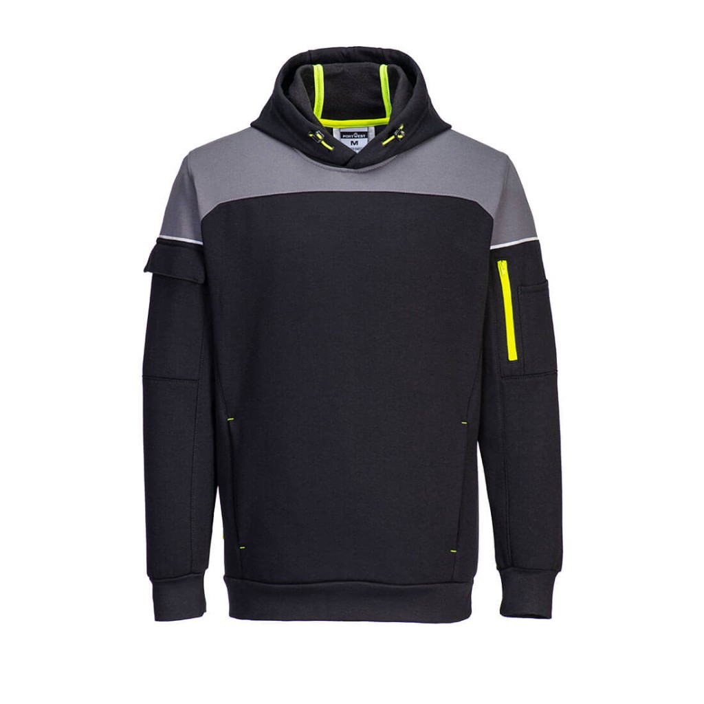 A black sweatshirt designed for use on construction sites and in industrial work environments.,