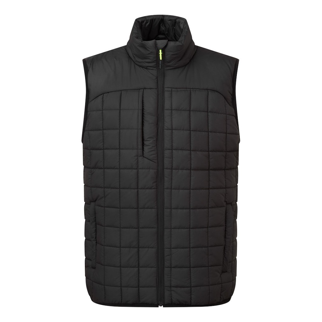 A black workwear garment designed for use on construction sites and in industrial work environments.,