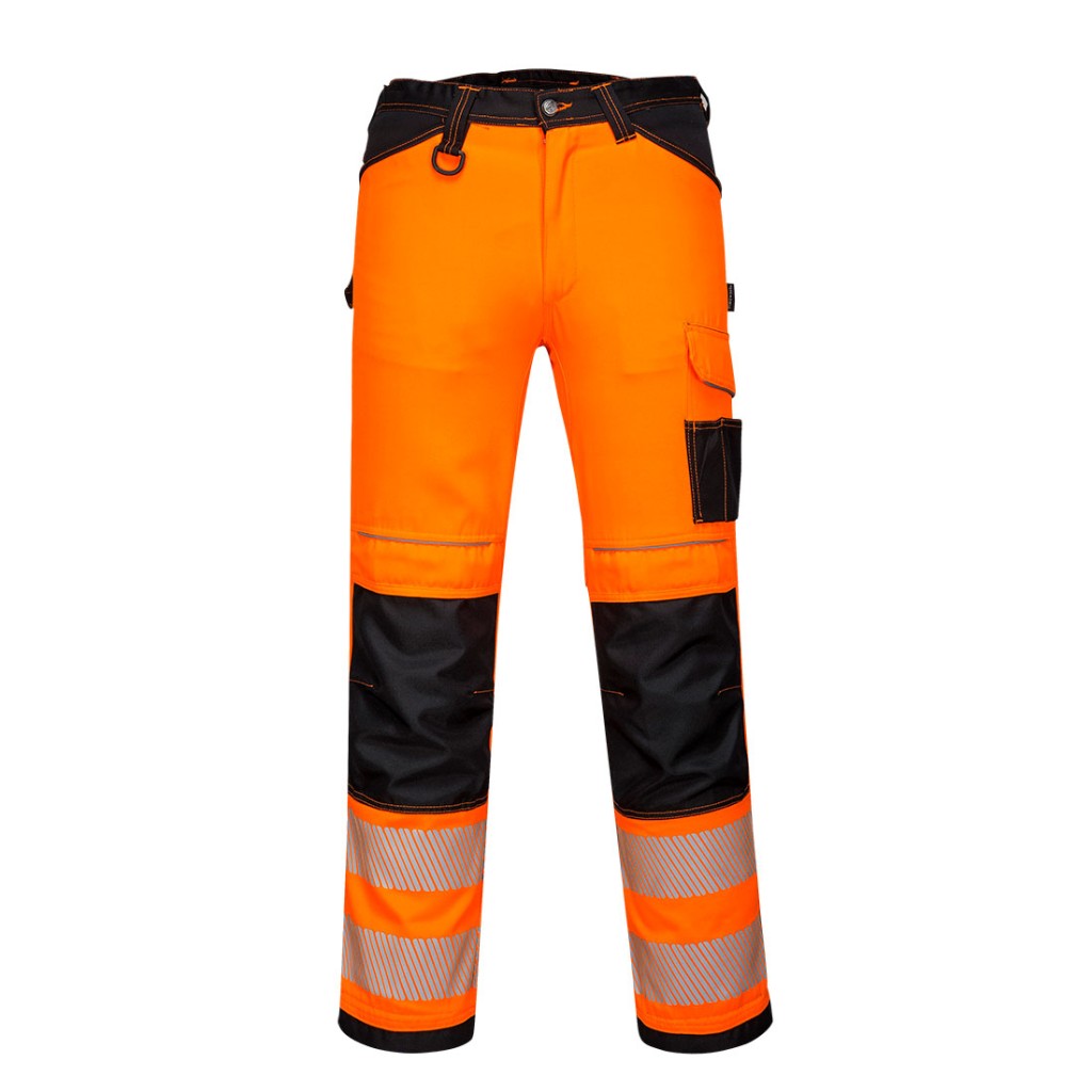 A pair of high-visibility orange trousers featuring retroreflective tape panels, suitable for a wide range of outdoor and site work applications.