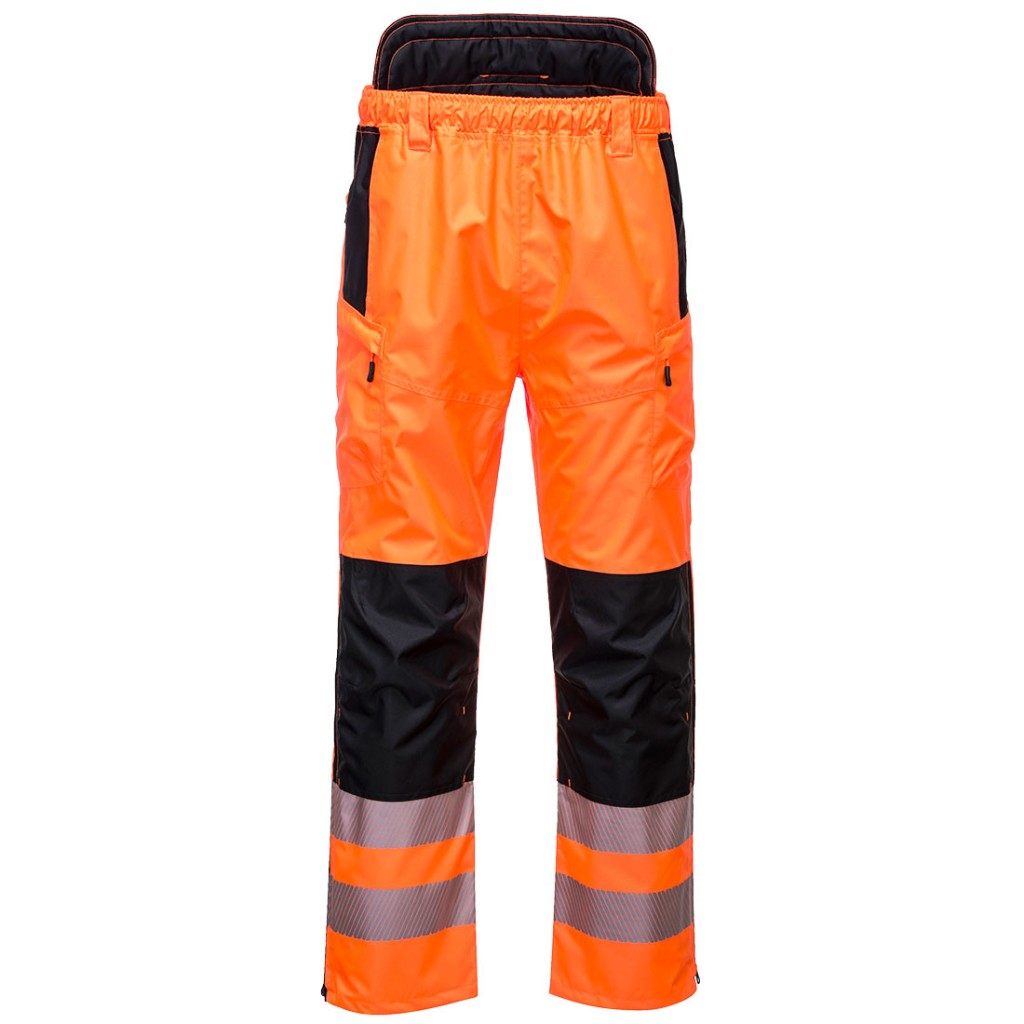 A pair of high-visibility orange trousers featuring retroreflective tape panels, suitable for a wide range of outdoor and site work applications.