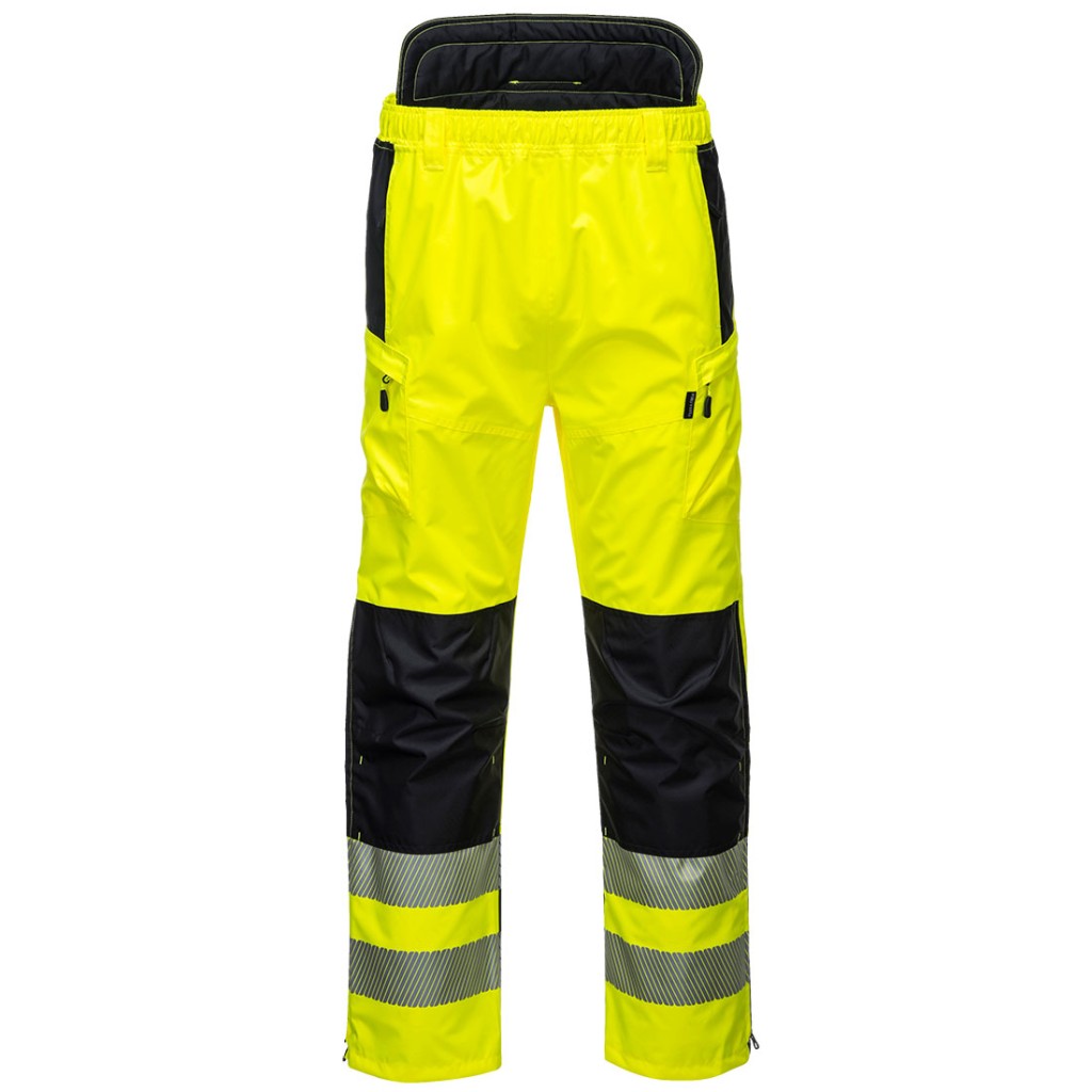 A pair of high-visibility yellow trousers featuring retroreflective tape panels, suitable for a wide range of outdoor and site work applications.