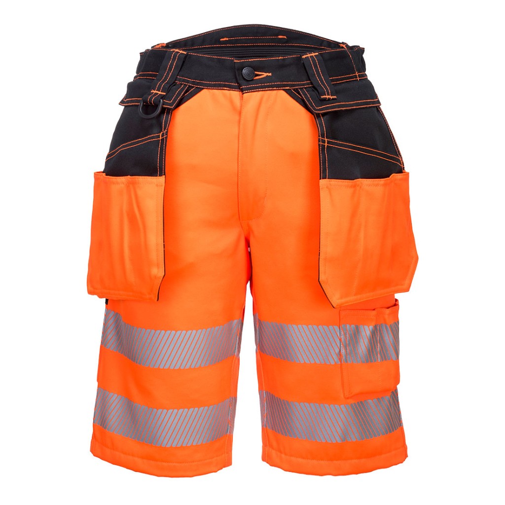 A high-visibility orange workwear garment featuring retroreflective tape panels, functional pockets, suitable for a wide range of outdoor and site work applications.