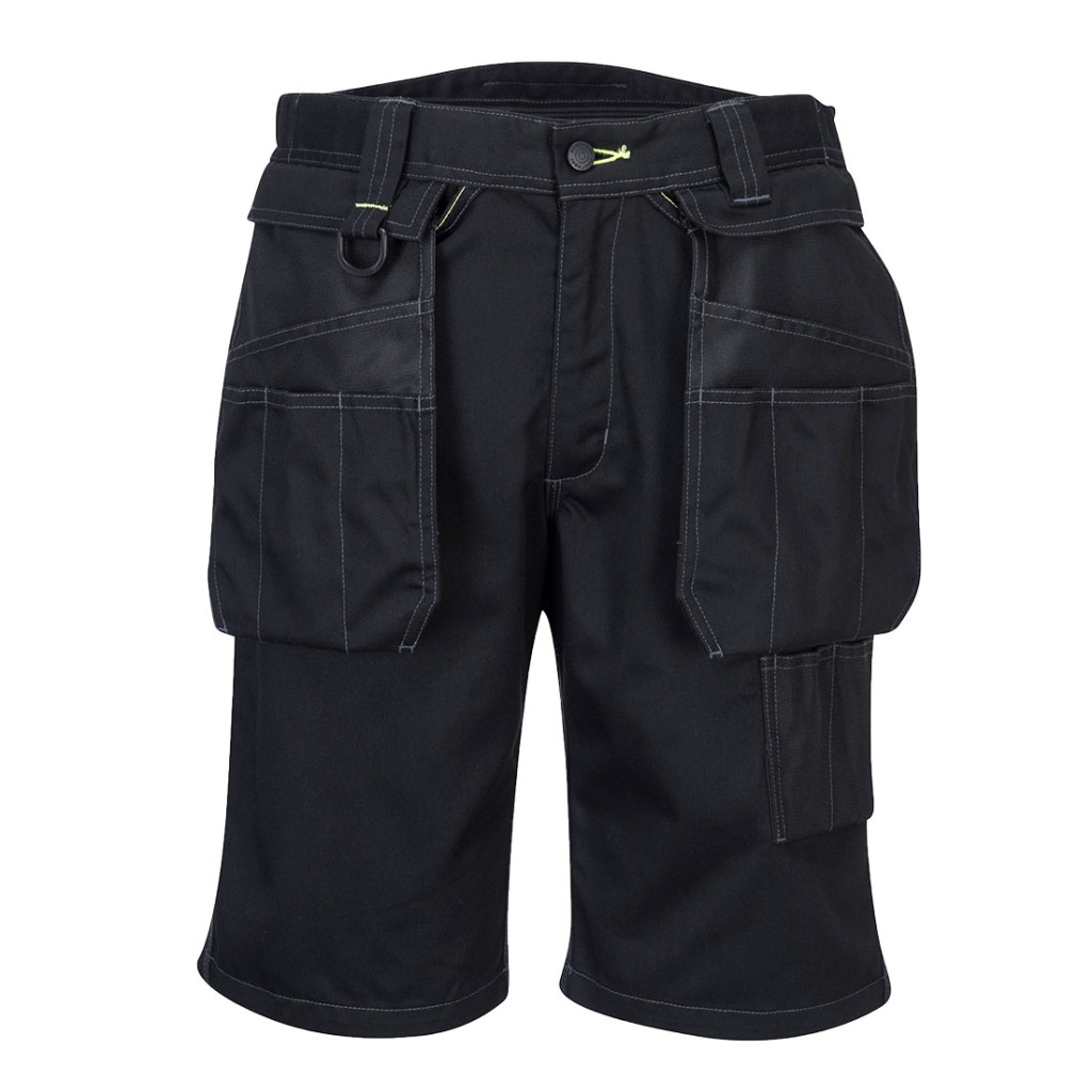 A black workwear garment designed for use on construction sites and in industrial work environments.,