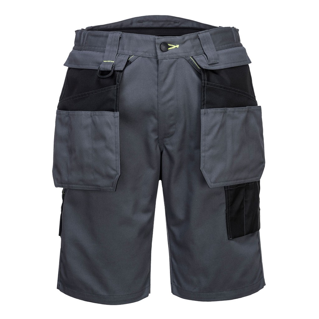 A grey workwear garment designed for use on construction sites and in industrial work environments.,