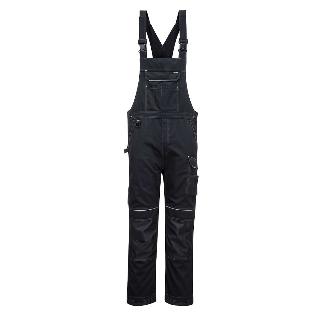 A black workwear garment designed for use on construction sites and in industrial work environments.,
