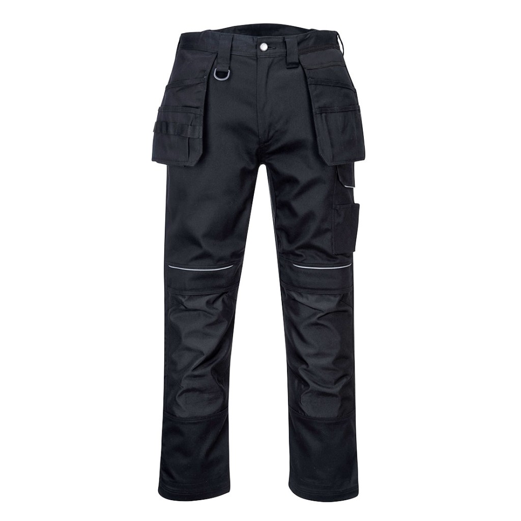 A pair of black work trousers designed for use on construction sites and in industrial work environments.,