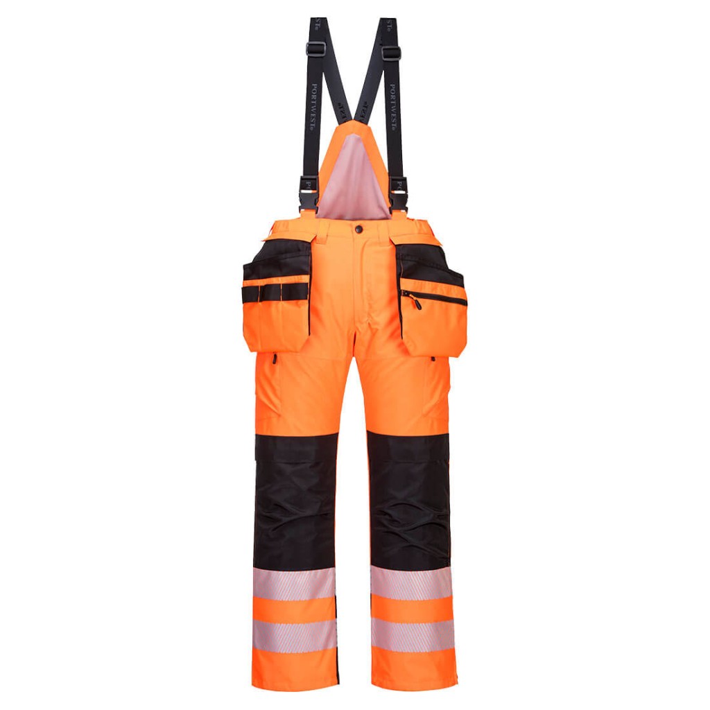 A pair of high-visibility orange trousers featuring retroreflective tape panels, suitable for a wide range of outdoor and site work applications.