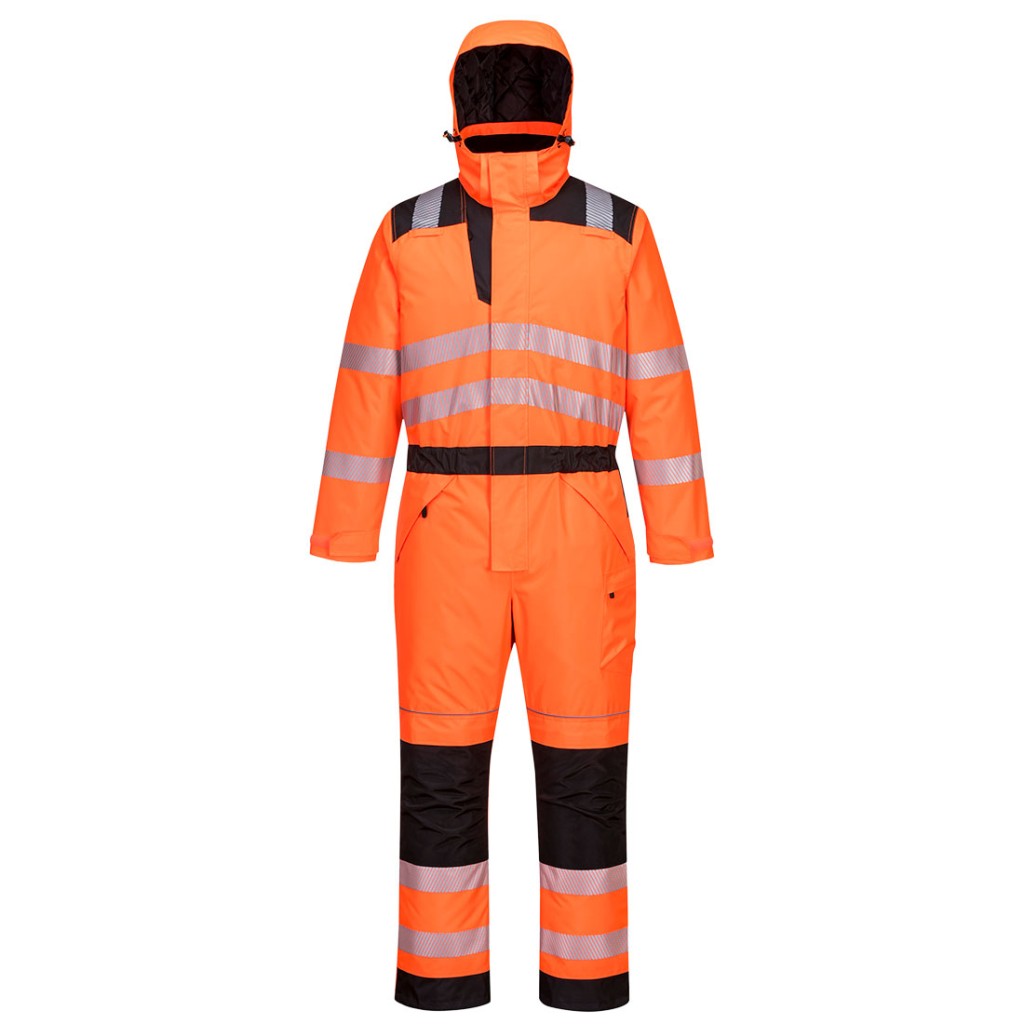 A high-visibility orange coverall featuring retroreflective tape panels, suitable for a wide range of outdoor and site work applications.