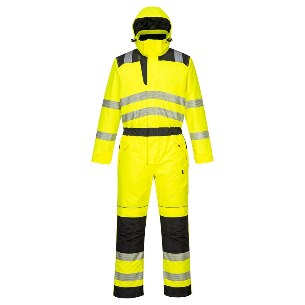 A high-visibility yellow coverall featuring retroreflective tape panels, suitable for a wide range of outdoor and site work applications.