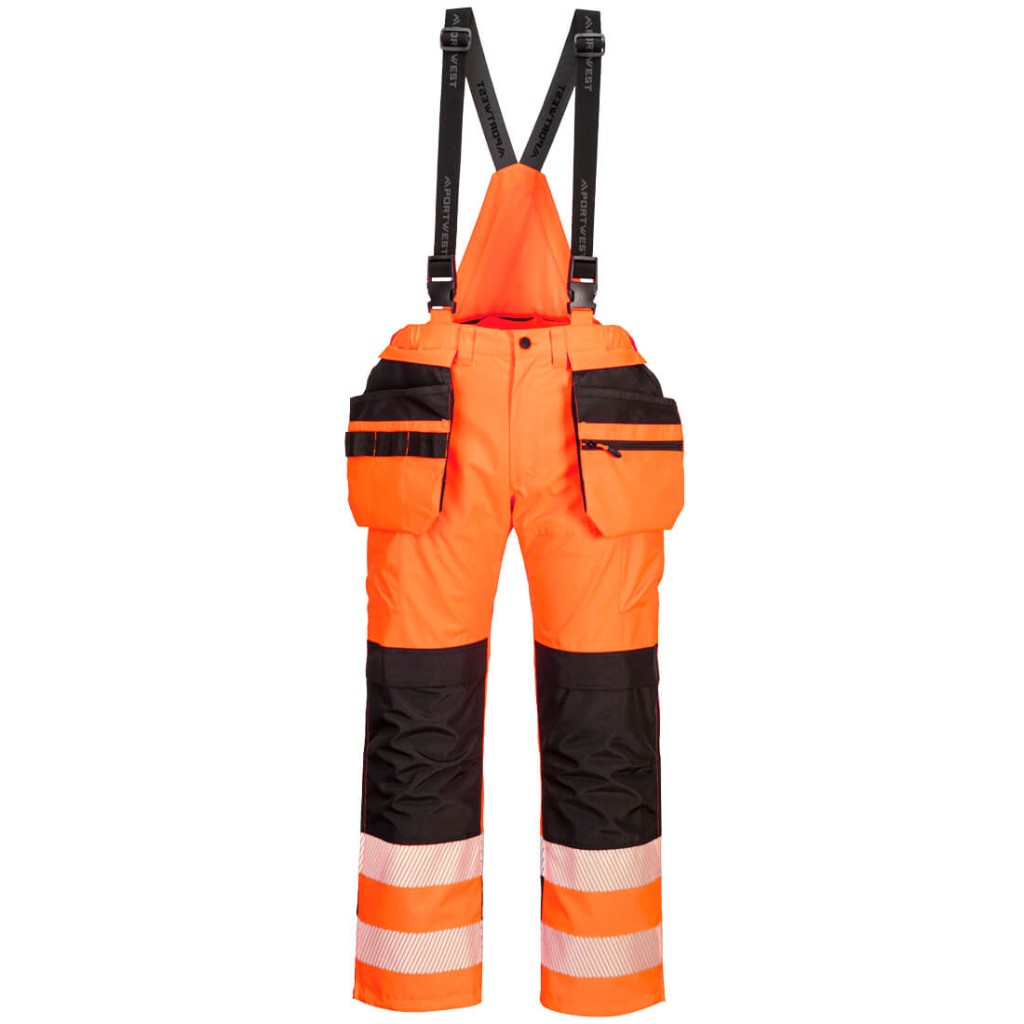 A pair of high-visibility orange trousers featuring retroreflective tape panels, suitable for a wide range of outdoor and site work applications.