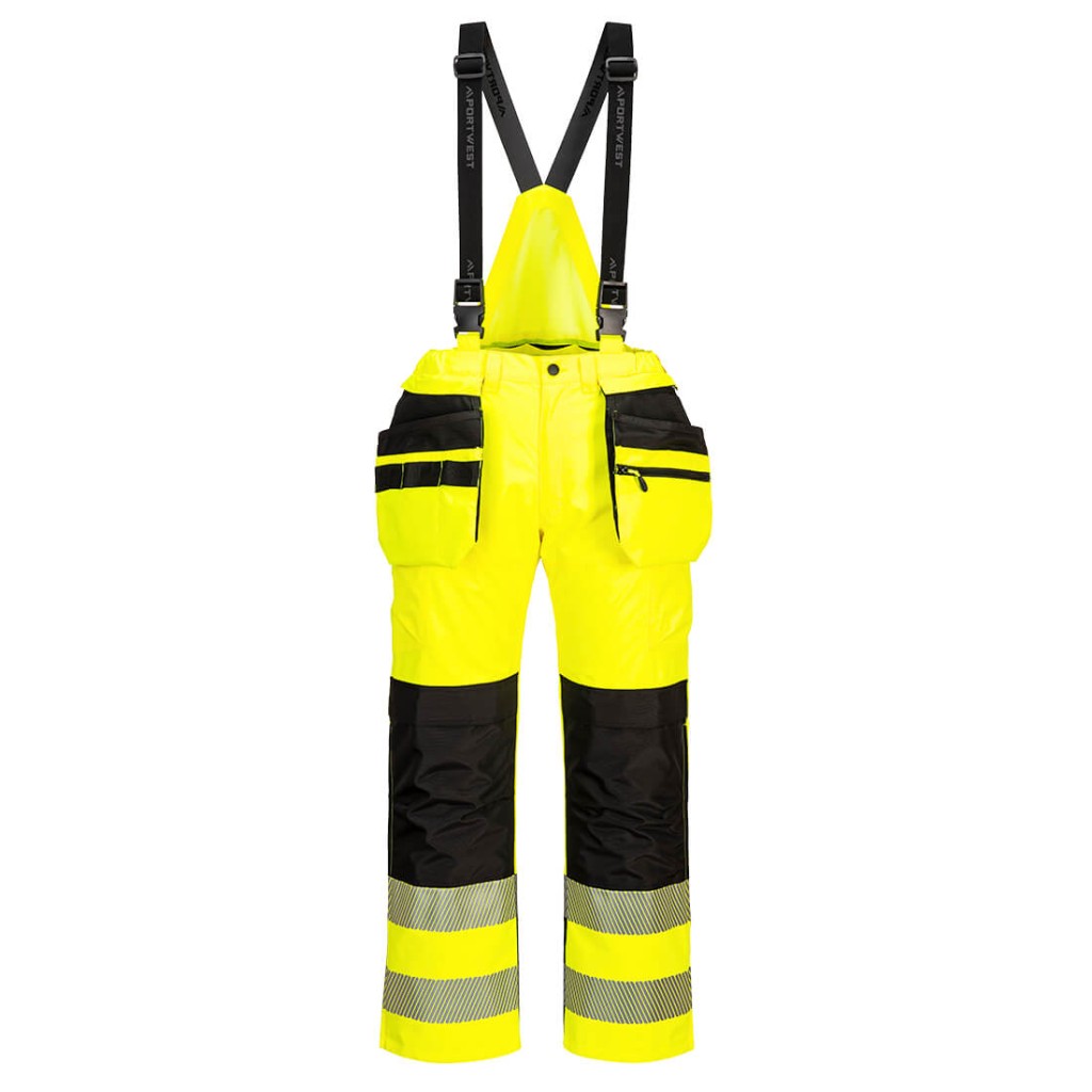 A pair of high-visibility yellow trousers featuring retroreflective tape panels, suitable for a wide range of outdoor and site work applications.