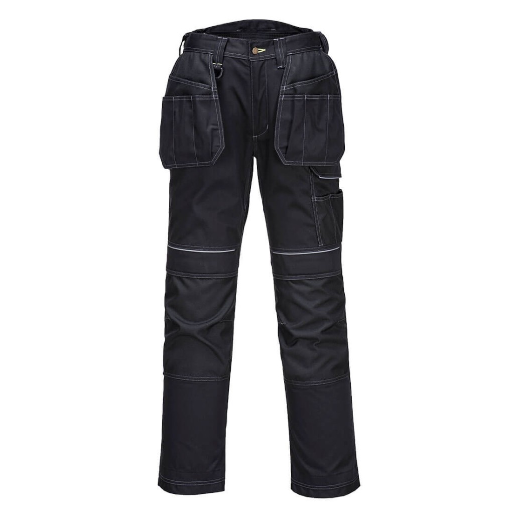 A pair of black work trousers featuring a warm thermal lining, suitable for a wide range of outdoor and site work applications.