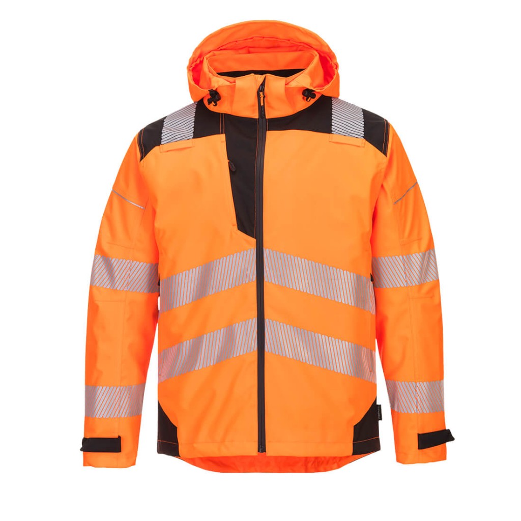 A high-visibility orange waterproof jacket featuring retroreflective tape panels, suitable for a wide range of outdoor and site work applications.