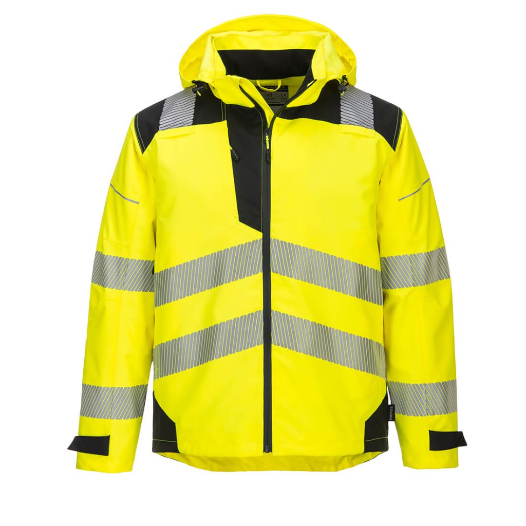A high-visibility yellow waterproof jacket featuring retroreflective tape panels, suitable for a wide range of outdoor and site work applications.