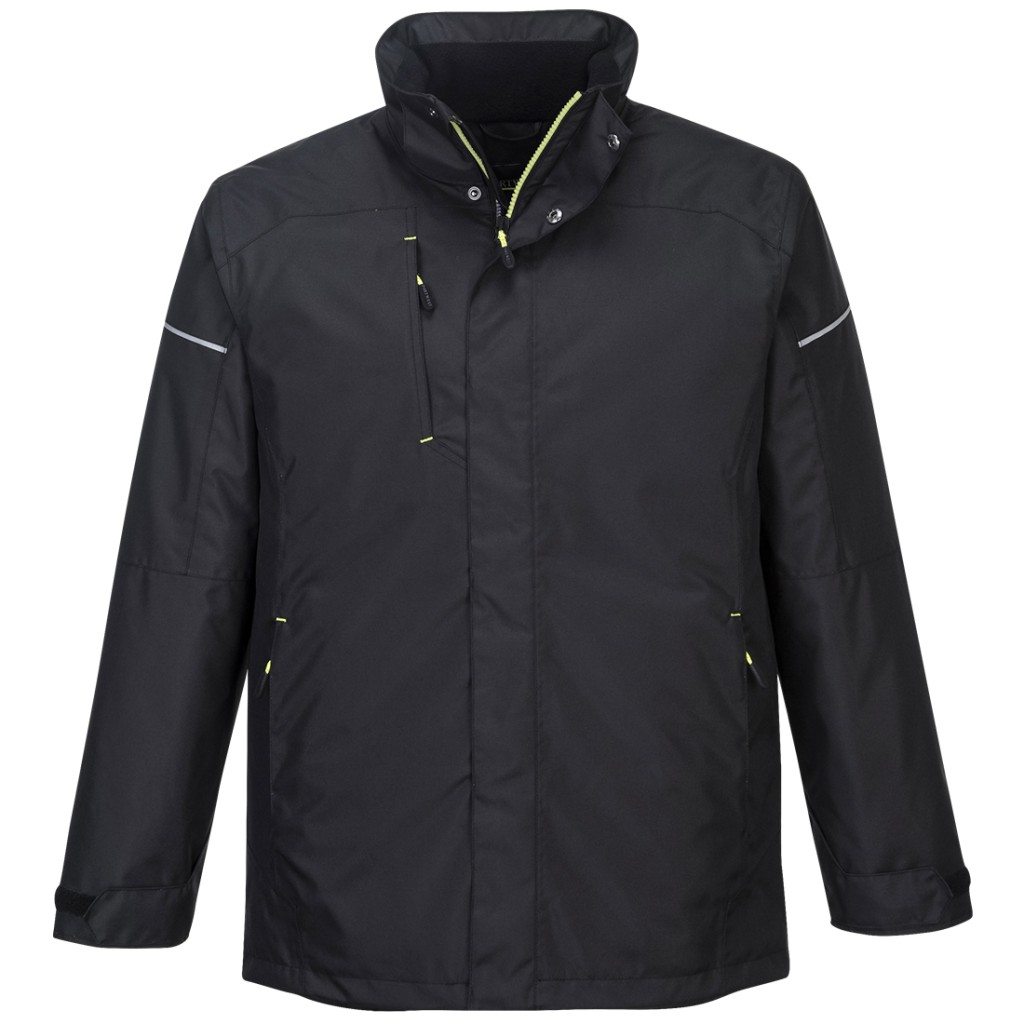 A black jacket designed for use on construction sites and in industrial work environments.,