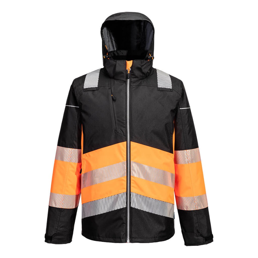 A high-visibility orange jacket featuring retroreflective tape panels, suitable for a wide range of outdoor and site work applications.