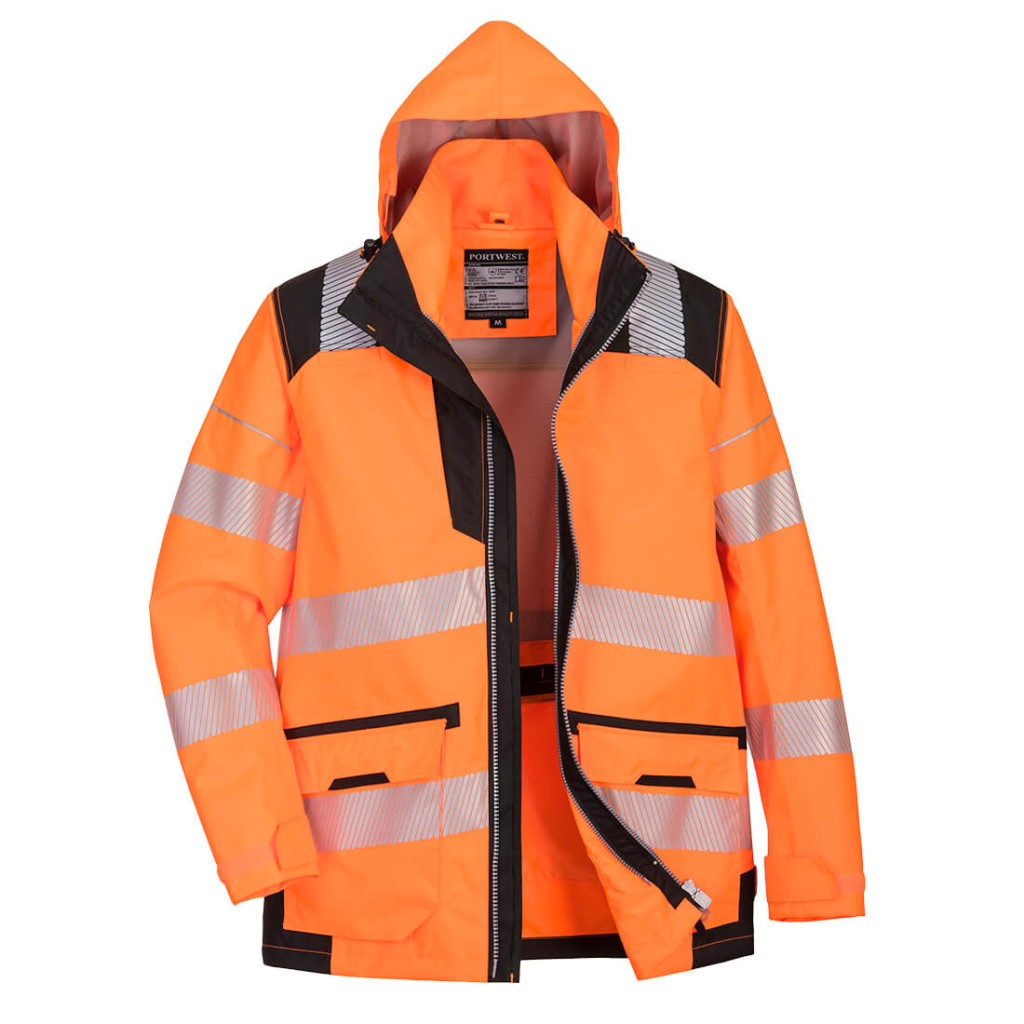 A high-visibility orange waterproof jacket featuring retroreflective tape panels, a breathable membrane, suitable for a wide range of outdoor and site work applications.