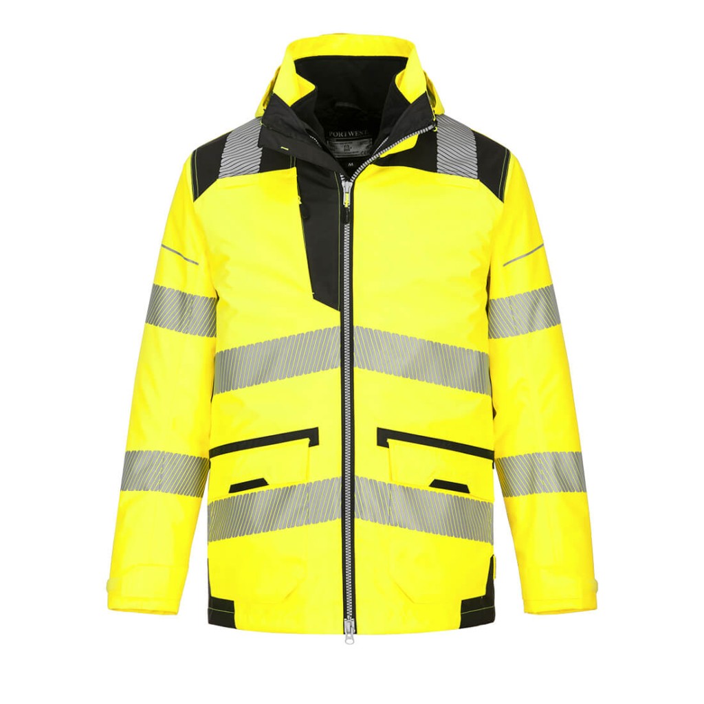 A high-visibility yellow waterproof jacket featuring retroreflective tape panels, a breathable membrane, suitable for a wide range of outdoor and site work applications.