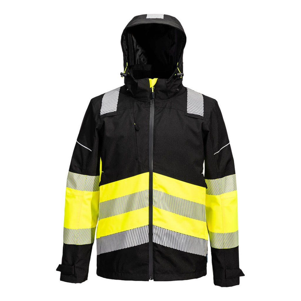 A high-visibility yellow waterproof jacket featuring retroreflective tape panels, suitable for a wide range of outdoor and site work applications.
