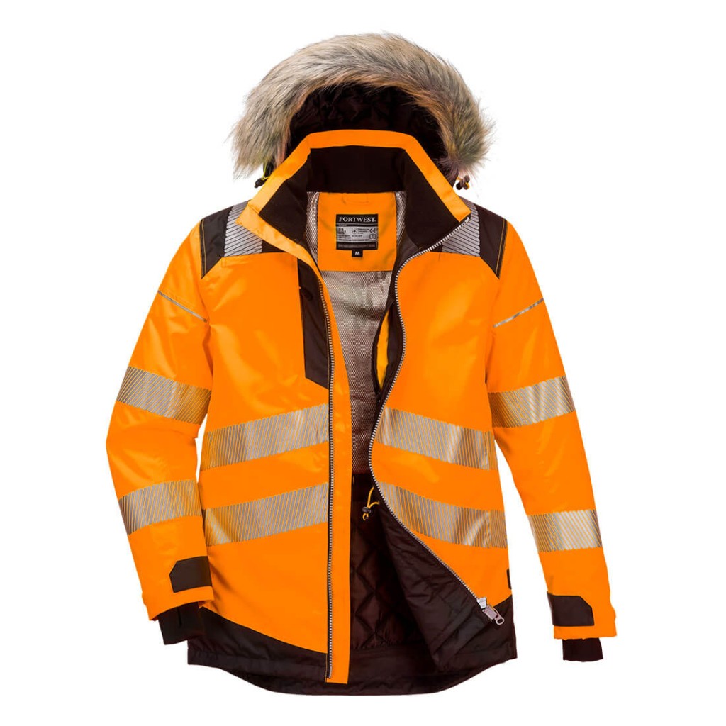 A high-visibility orange jacket featuring retroreflective tape panels, suitable for a wide range of outdoor and site work applications.