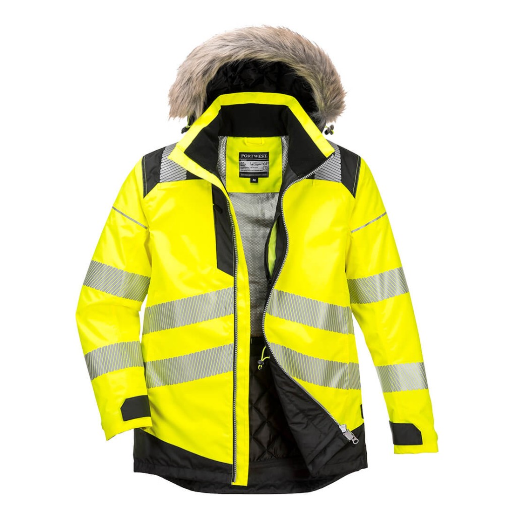 A high-visibility yellow jacket featuring retroreflective tape panels, suitable for a wide range of outdoor and site work applications.