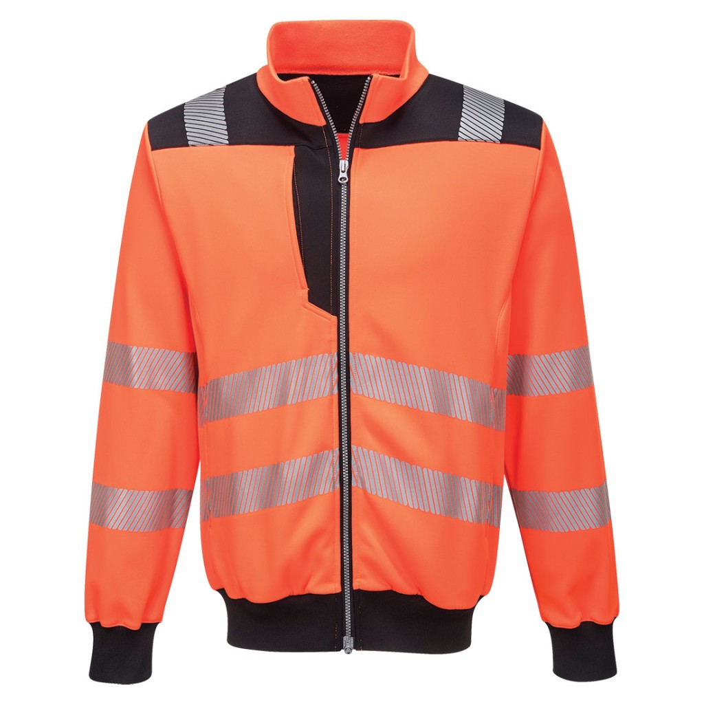 A high-visibility orange work shirt featuring retroreflective tape panels, a full-length zip front, suitable for a wide range of outdoor and site work applications.