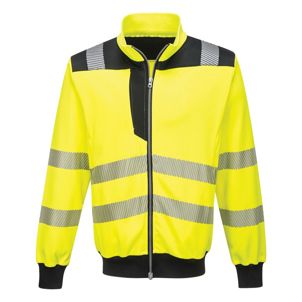 A high-visibility yellow work shirt featuring retroreflective tape panels, a full-length zip front, suitable for a wide range of outdoor and site work applications.