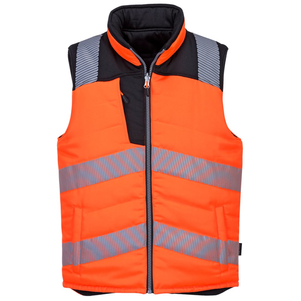 A high-visibility orange workwear garment featuring retroreflective tape panels, suitable for a wide range of outdoor and site work applications.