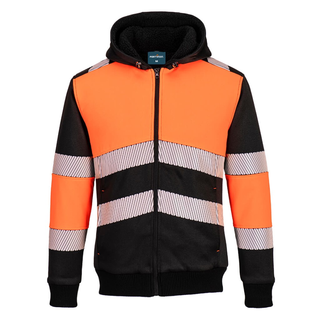 A high-visibility orange sweatshirt featuring retroreflective tape panels, a full-length zip front, suitable for a wide range of outdoor and site work applications.