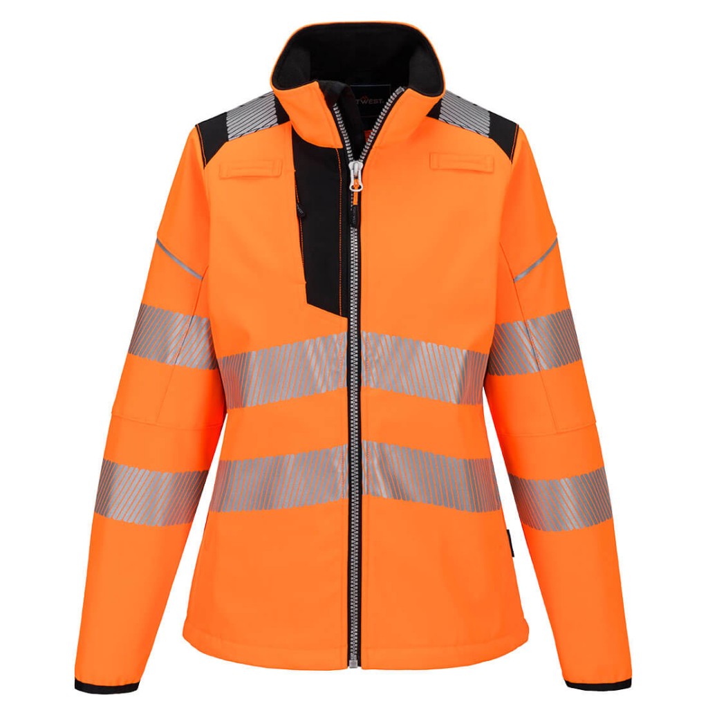 A women's high-visibility orange softshell jacket featuring retroreflective tape panels, suitable for a wide range of outdoor and site work applications.