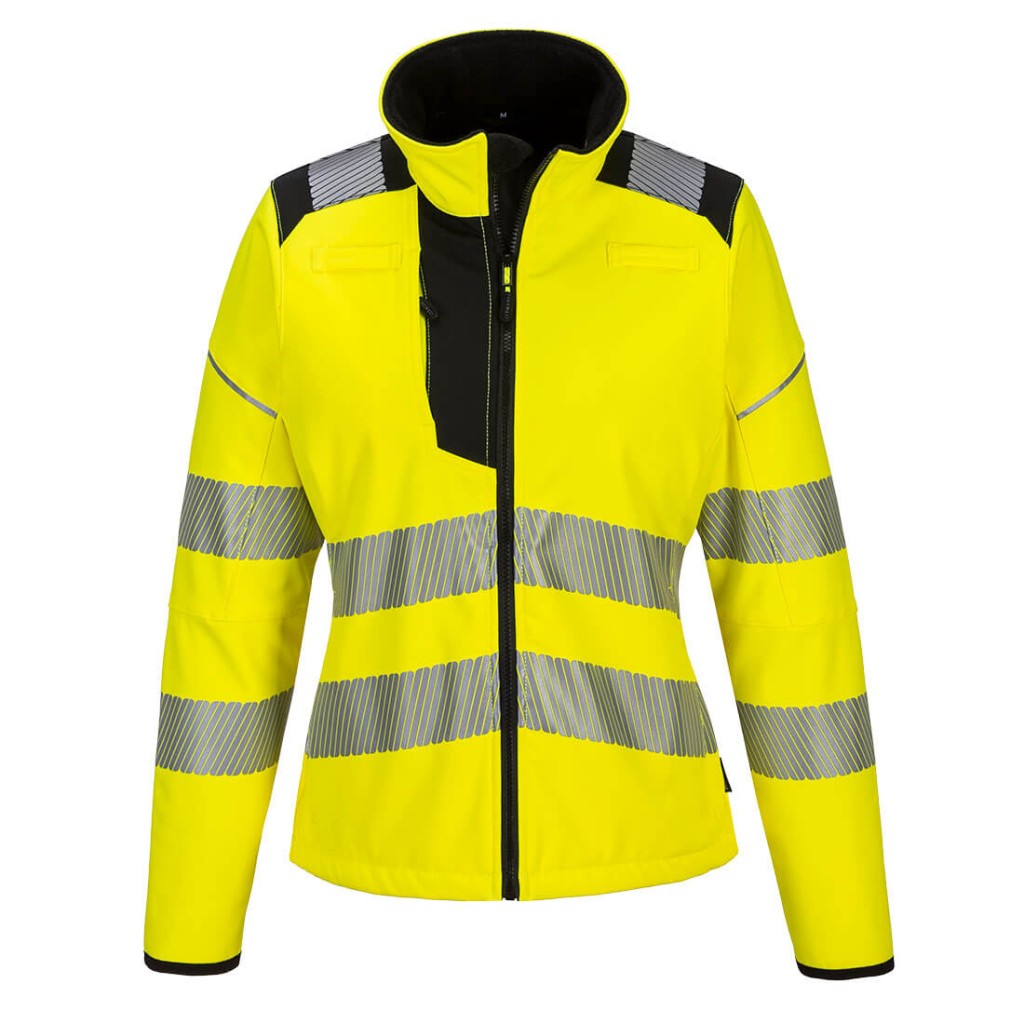 A women's high-visibility yellow softshell jacket featuring retroreflective tape panels, suitable for a wide range of outdoor and site work applications.
