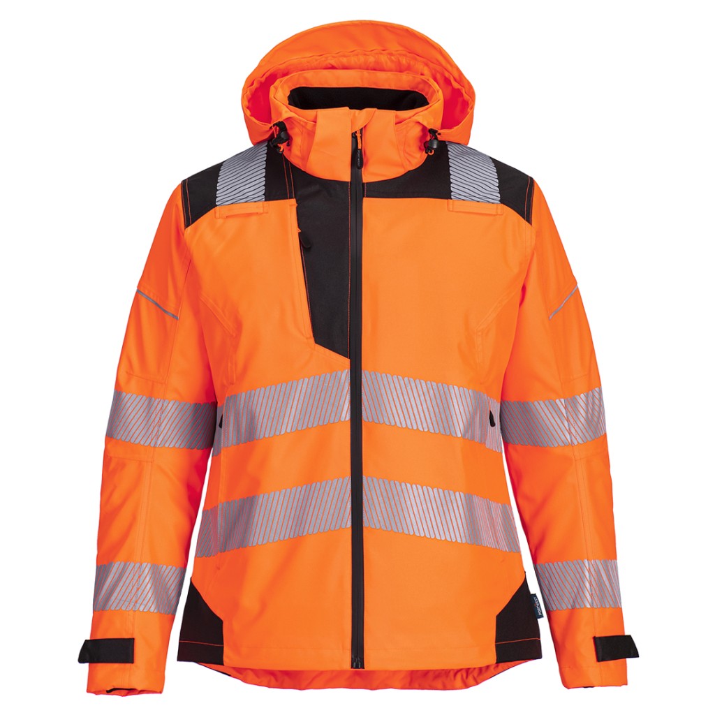 A women's high-visibility orange waterproof jacket featuring retroreflective tape panels, suitable for a wide range of outdoor and site work applications.