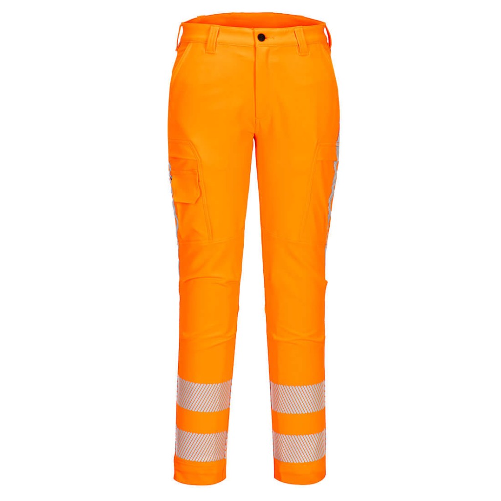 A pair of high-visibility orange trousers featuring retroreflective tape panels, stretch panels for ease of movement, suitable for a wide range of outdoor and site work applications.