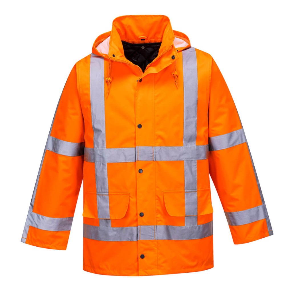 A high-visibility orange jacket featuring retroreflective tape panels, suitable for a wide range of outdoor and site work applications.