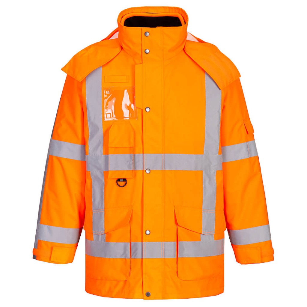 A high-visibility orange jacket featuring retroreflective tape panels, suitable for a wide range of outdoor and site work applications.