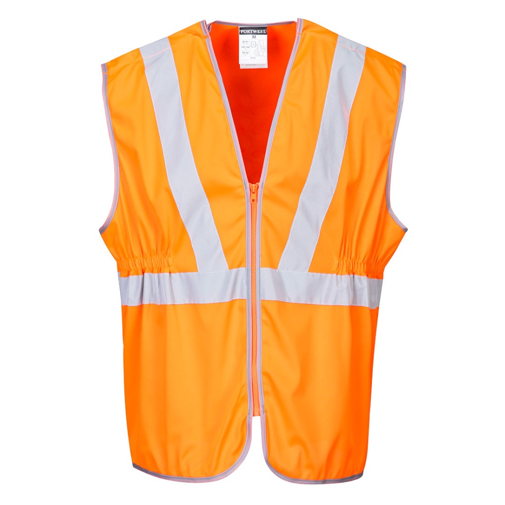 A high-visibility orange vest featuring retroreflective tape panels, a full-length zip front, suitable for a wide range of outdoor and site work applications.